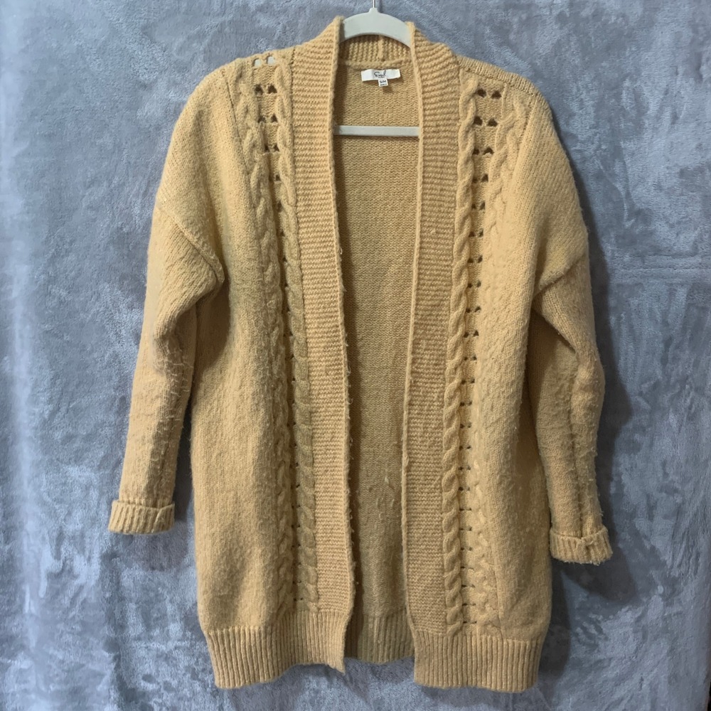 Easel Los Angeles Yellow Cable‎ Knit Open Front Cardigan Sweater Medium Chunky
